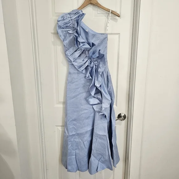 Aje  Adelia One-Shoulder Ruffled Dupioni-Trimmed Linen-Blend Midi Dress - Picture 3 of 9